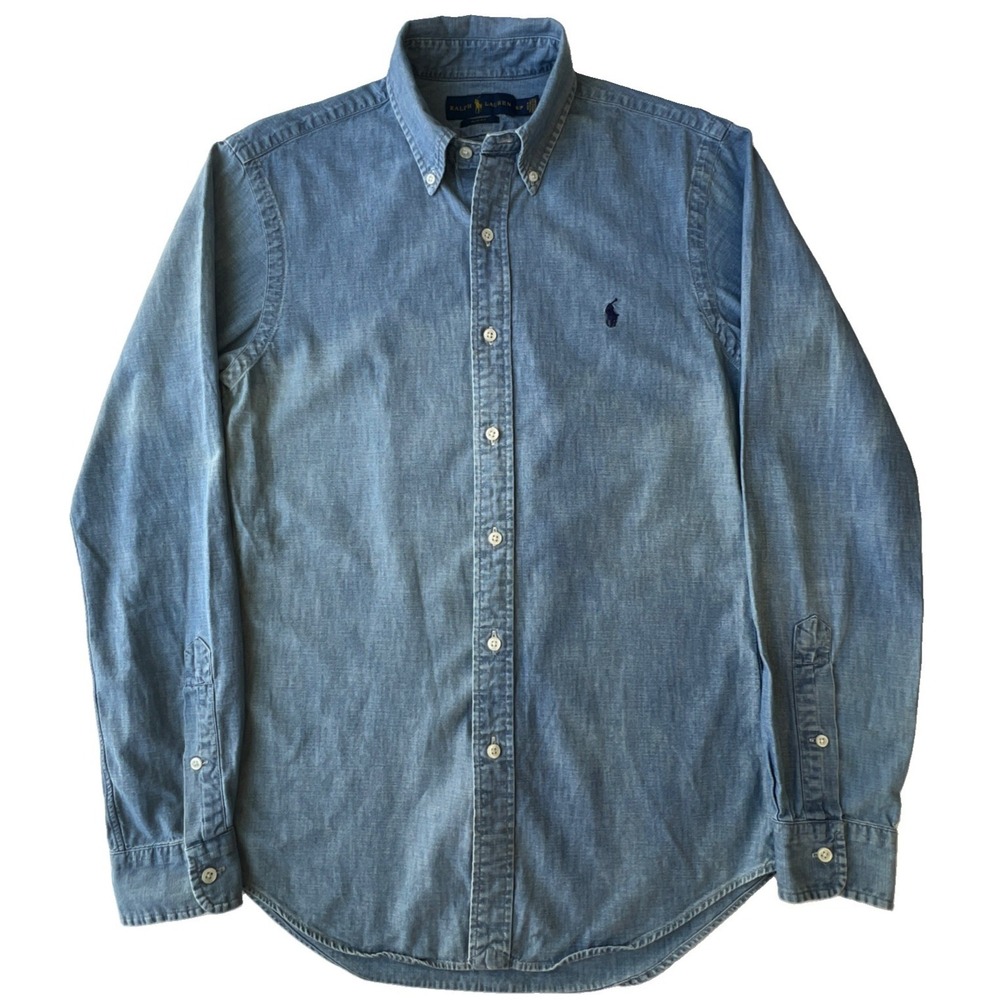 Polo Ralph Lauren Shirt Mens S Slim Fit Chambray Blue Long Sleeve Distressed - Picture 2 of 12